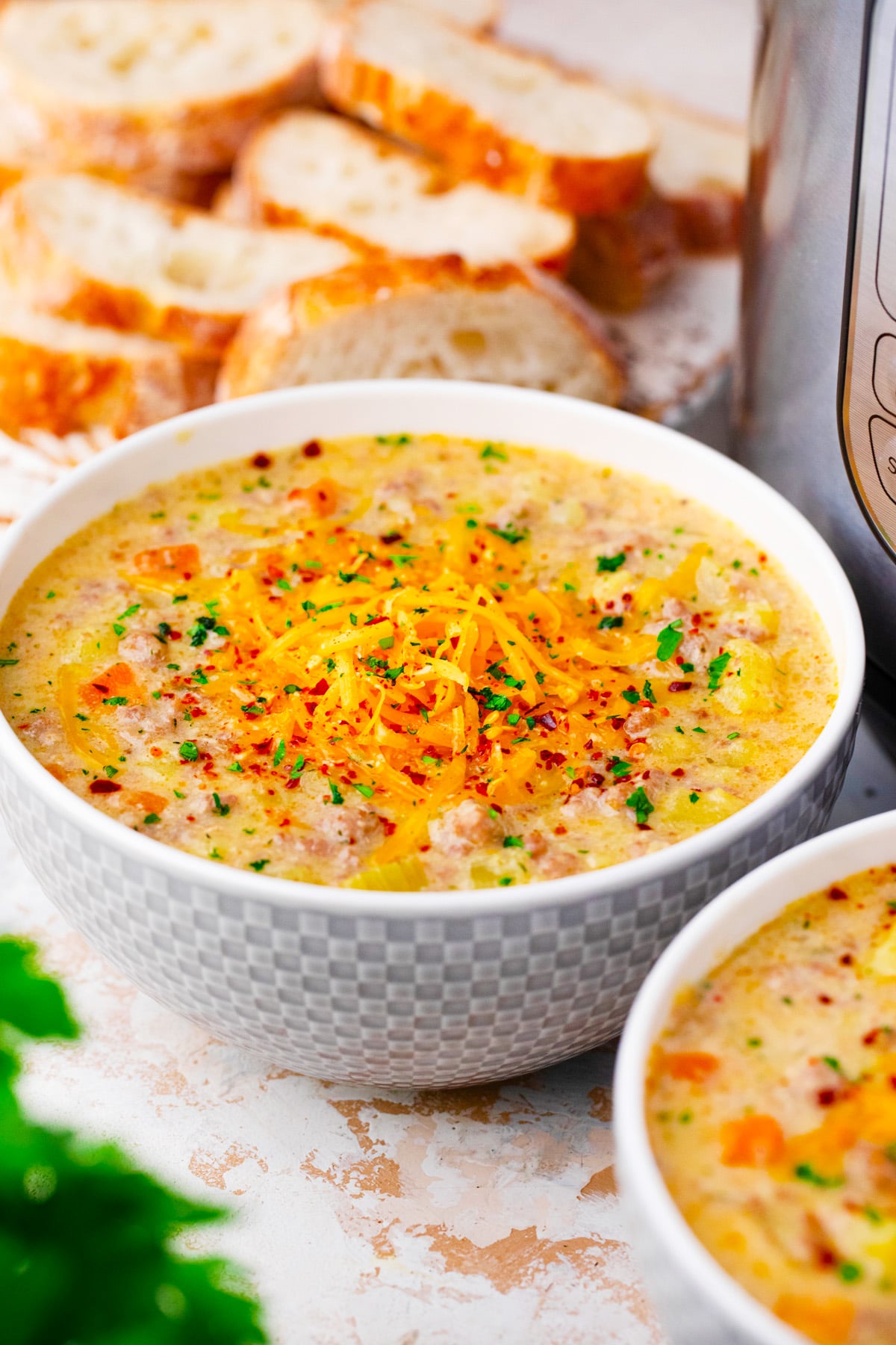 A bowl of Instant Pot cheeseburger soup.