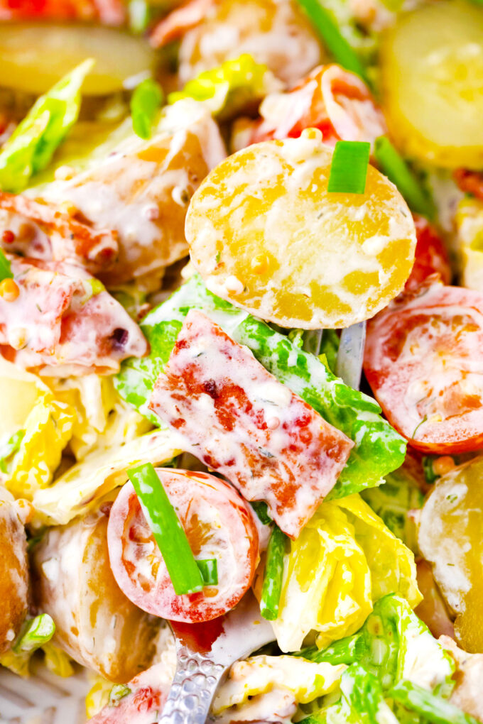 Creamy BLT potato salad with crispy bacon.