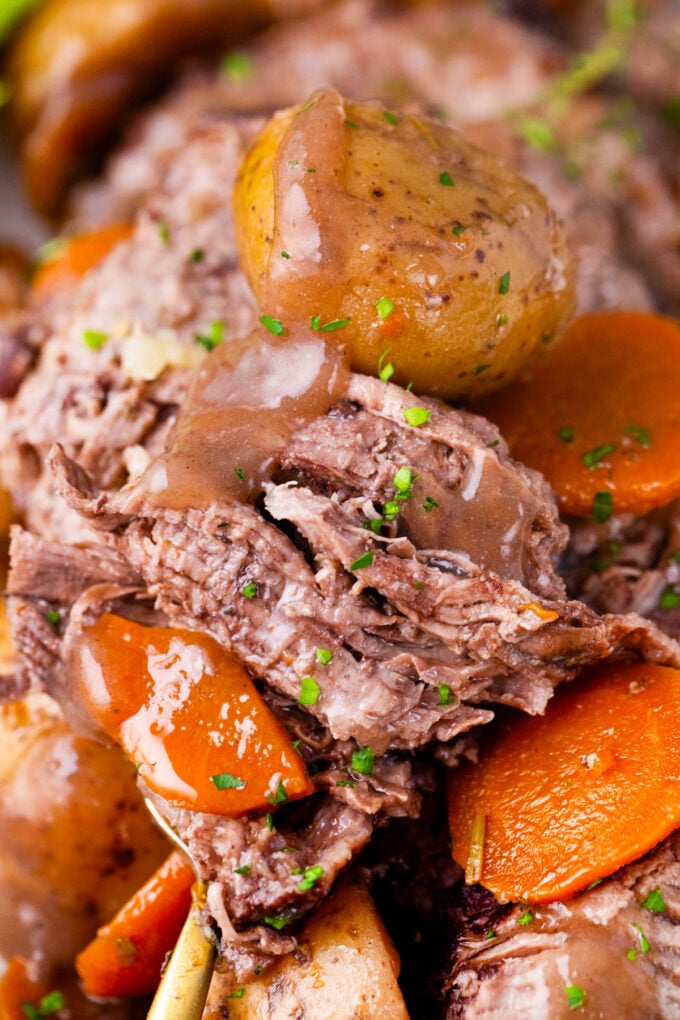 Fork tender Instant Pot red wine beef roast.