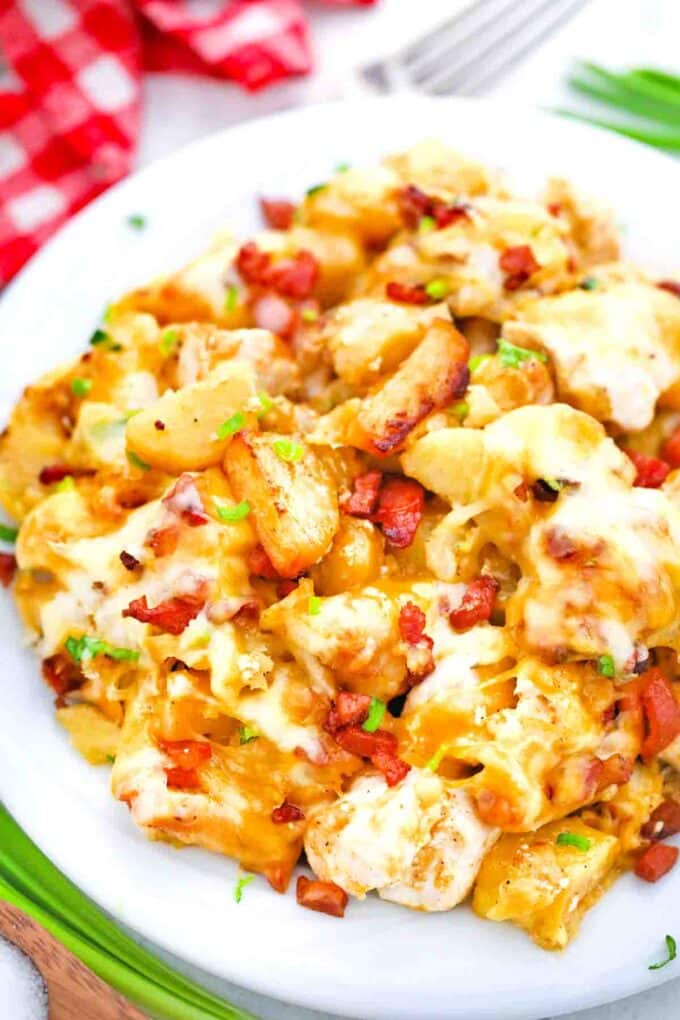 close shot of cheesy chicken bacon ranch casserole with potatoes