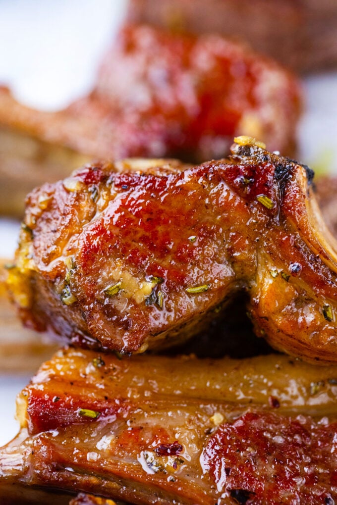 Close shot of garlic brown sugar lamb ribs.