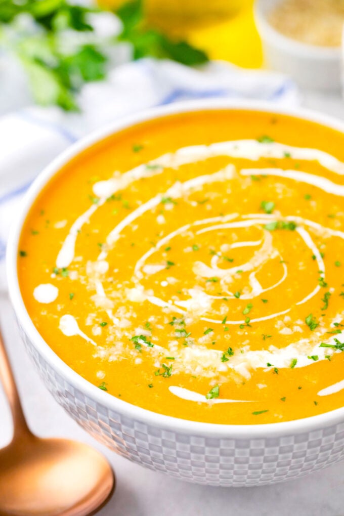 A bowl of creamy Instant Pot Sweet Potato Soup.