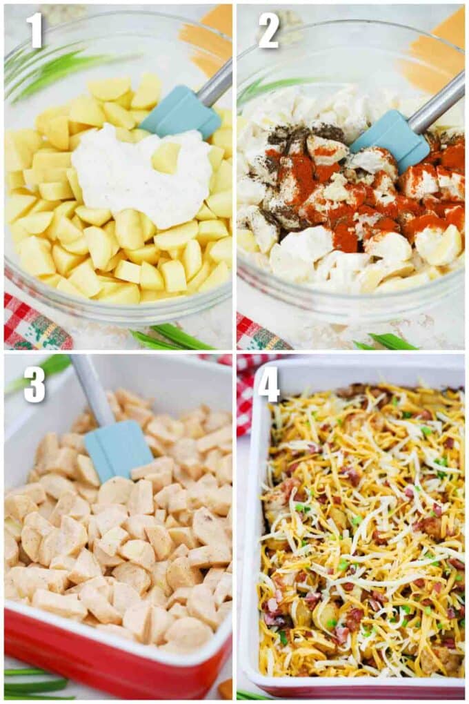 photo collage of steps how to make chicken bacon ranch casserole with potatoes