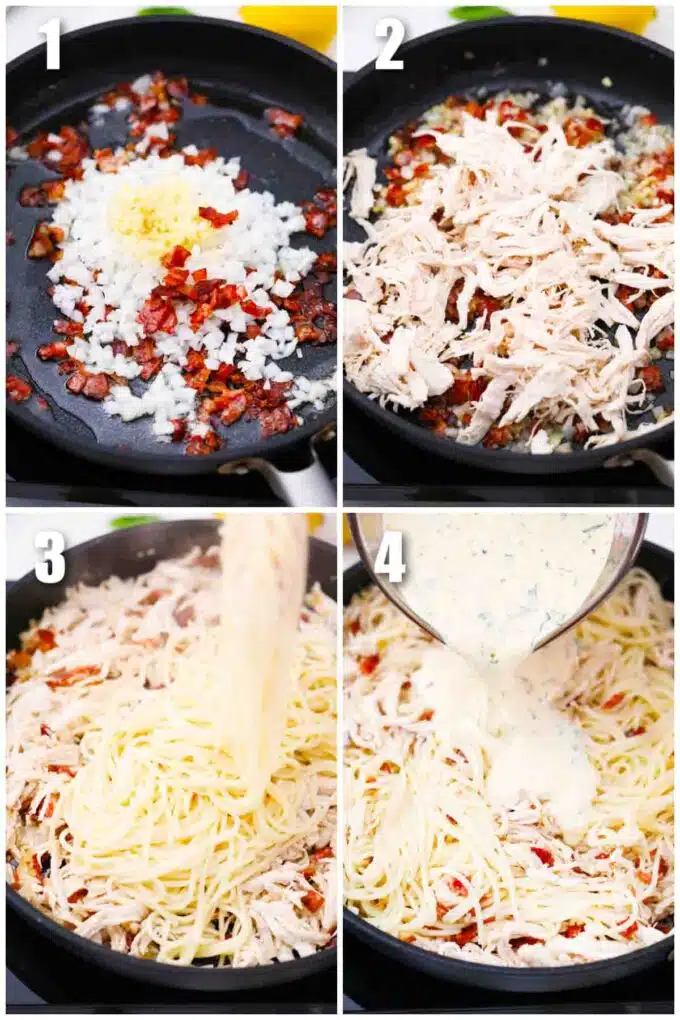 collage showing steps of how to make chicken carbonara