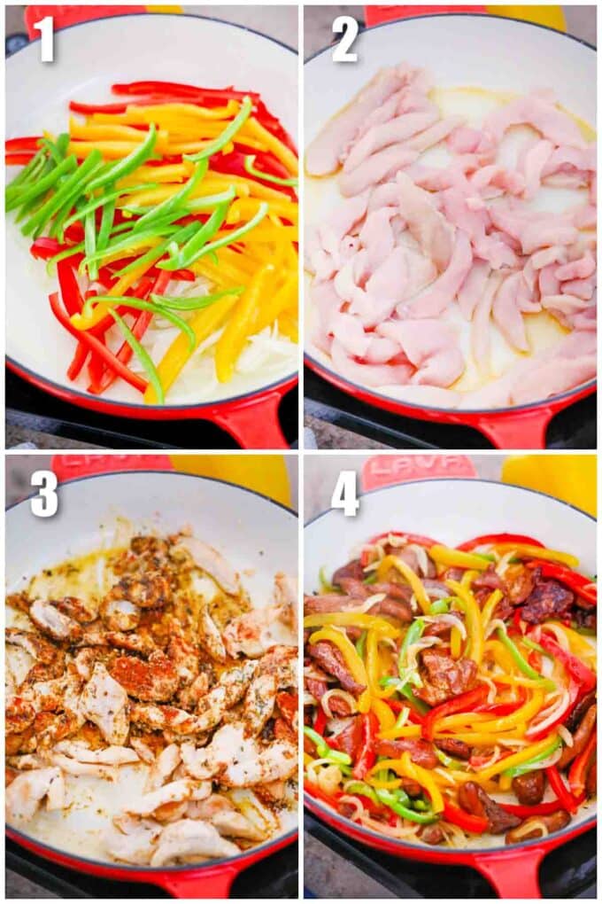 photo collage of steps how to make chicken cheesesteak skillet