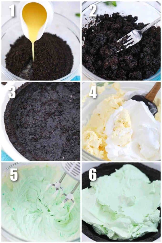 photo collage of steps how to make grasshopper pie