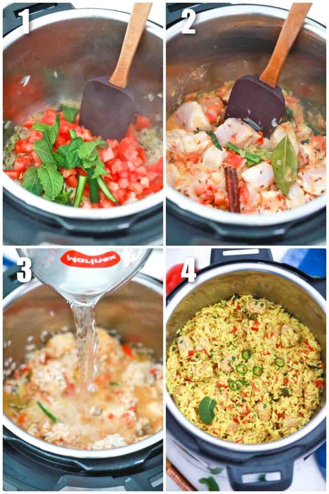 photo collage of how to make instant pot chicken biryani