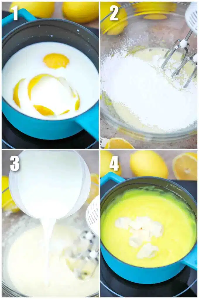 photo collage of how to make lemon curd filled donuts