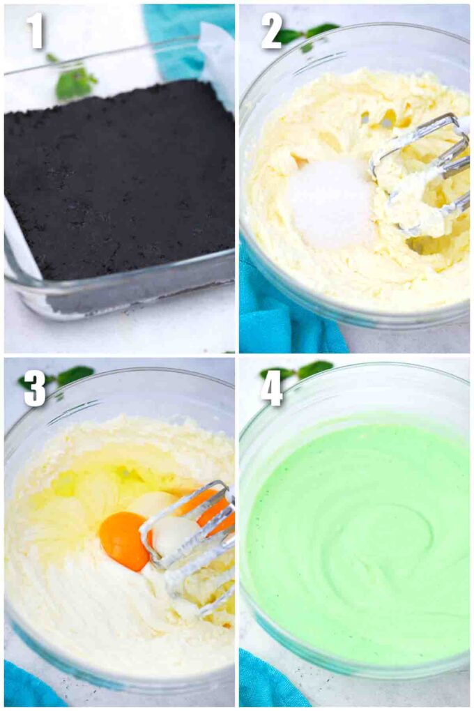 photo collage of steps how to make oreo mint cheesecake bars