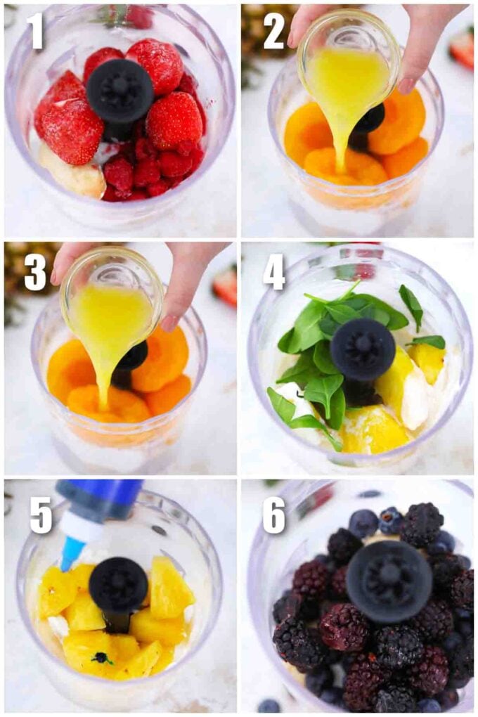 photo collage of steps how to make rainbow smoothie