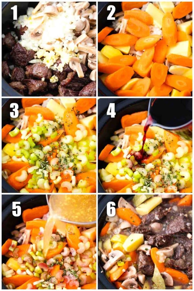 collage of photos showing slow cooker lamb stew ingredients being added to the crockpot