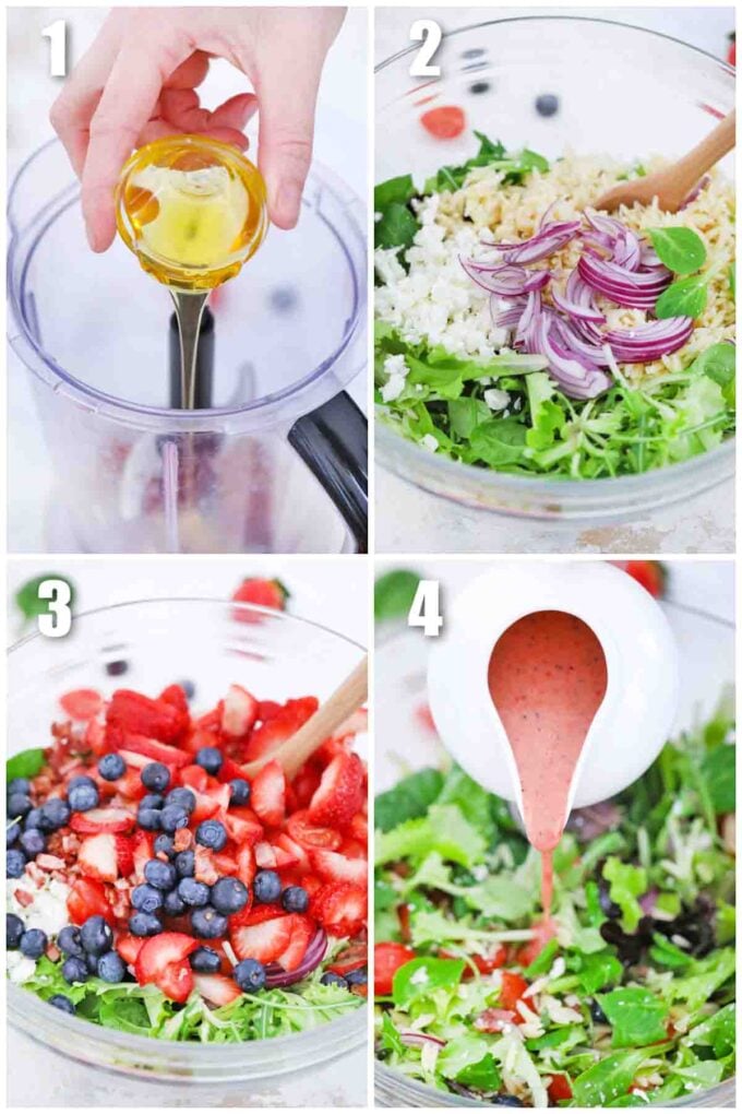photo collage of steps how to make strawberry orzo spring salad