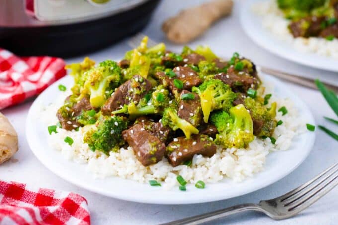 Instant Pot beef and broccoli served over white rice.