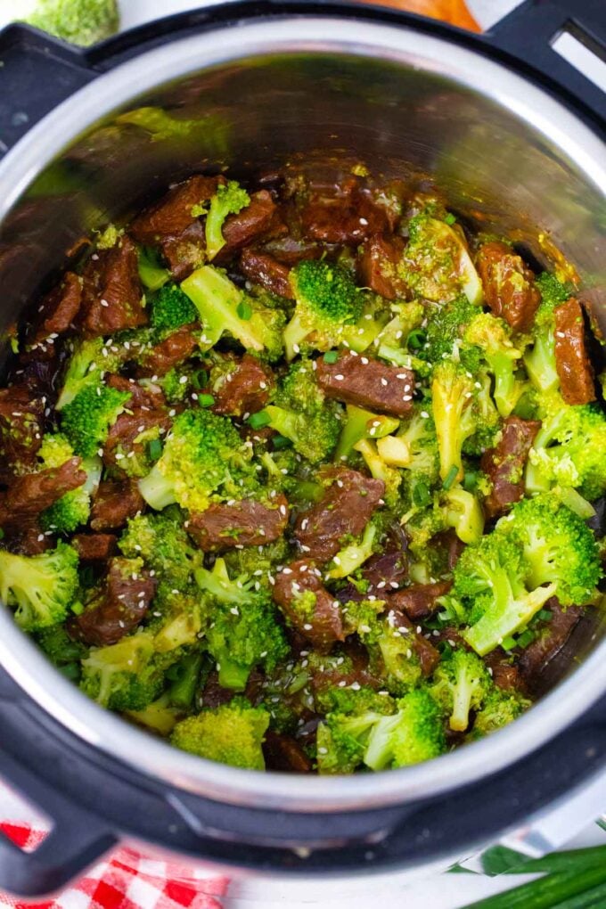Overhead shot of Instant Pot beef and broccoli.