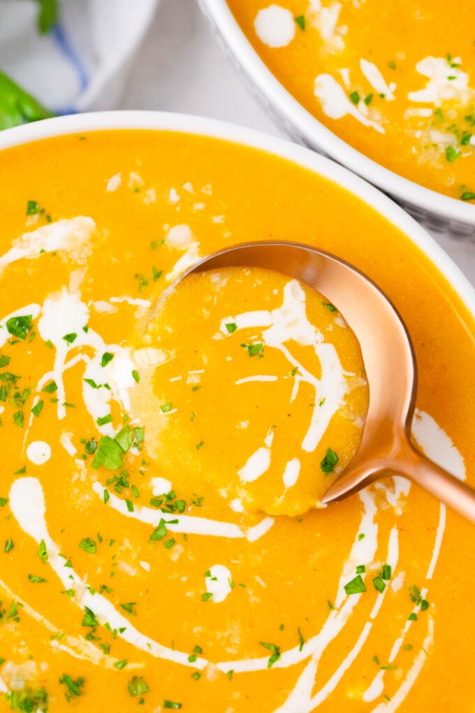 A spoonful of silky smooth Instant Pot Sweet Potato Soup.