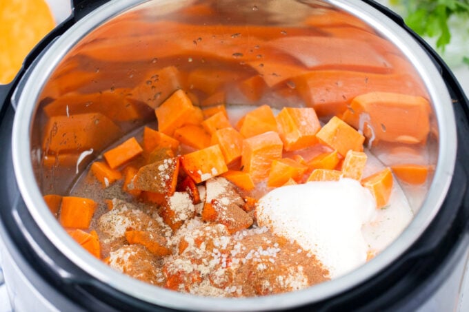 Sweet potato soup ingredients in the Instant Pot.