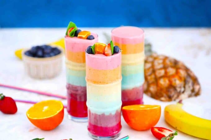 layered rainbow smoothie made with fruits