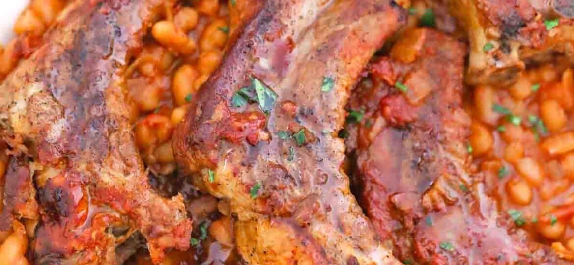 overhead shot of short ribs and beans