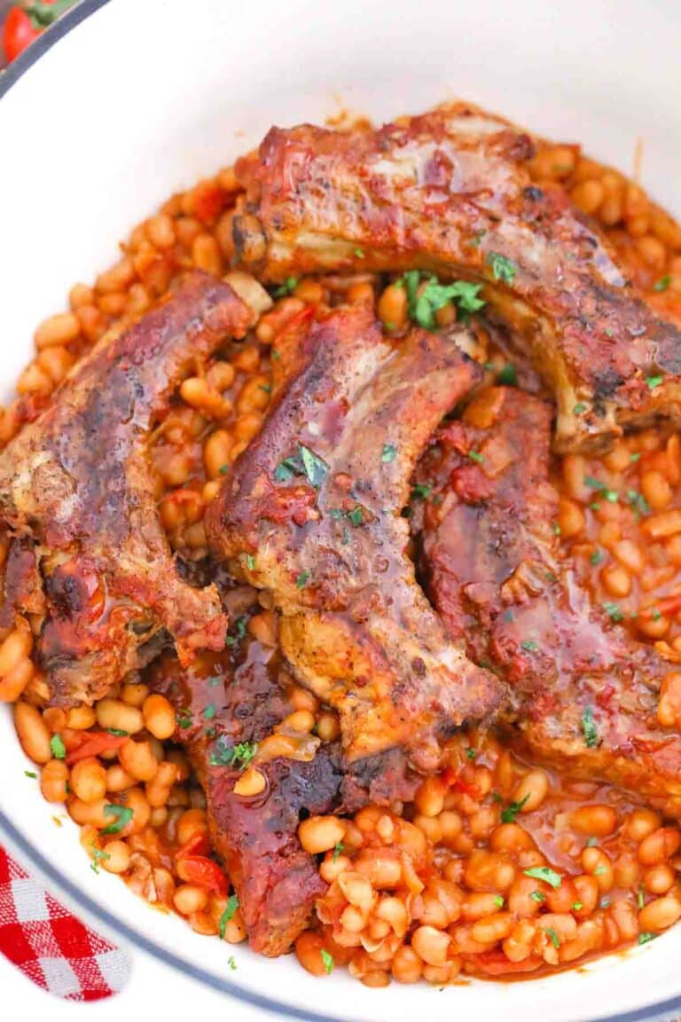 overhead shot of short ribs and beans