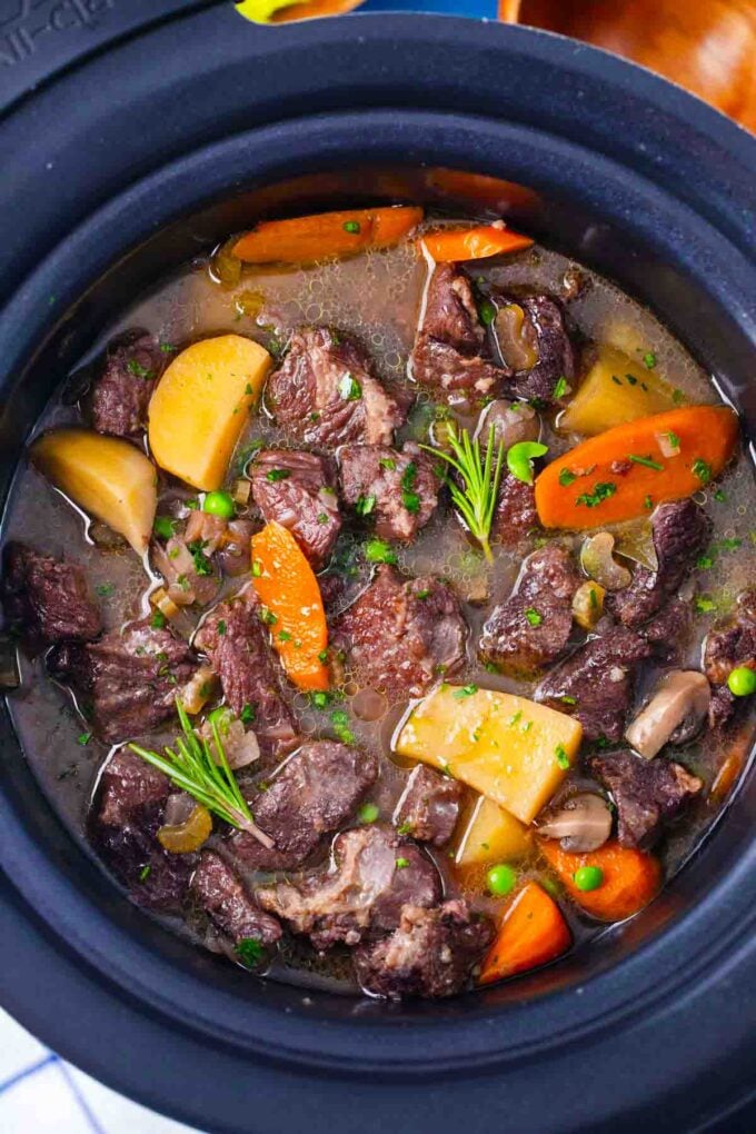 overhead shot of homemade slow cooker lamb stew