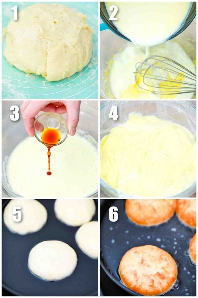 photo collage of steps how to make custard donuts