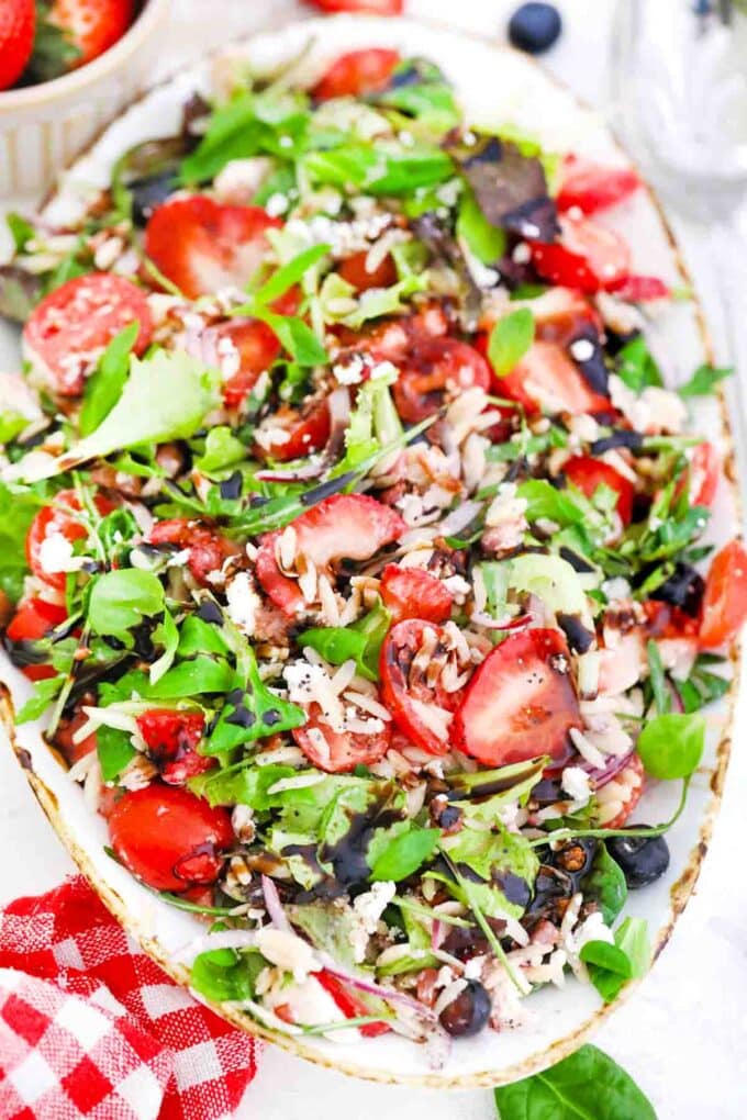 overhead shot of strawberry orzo spring salad