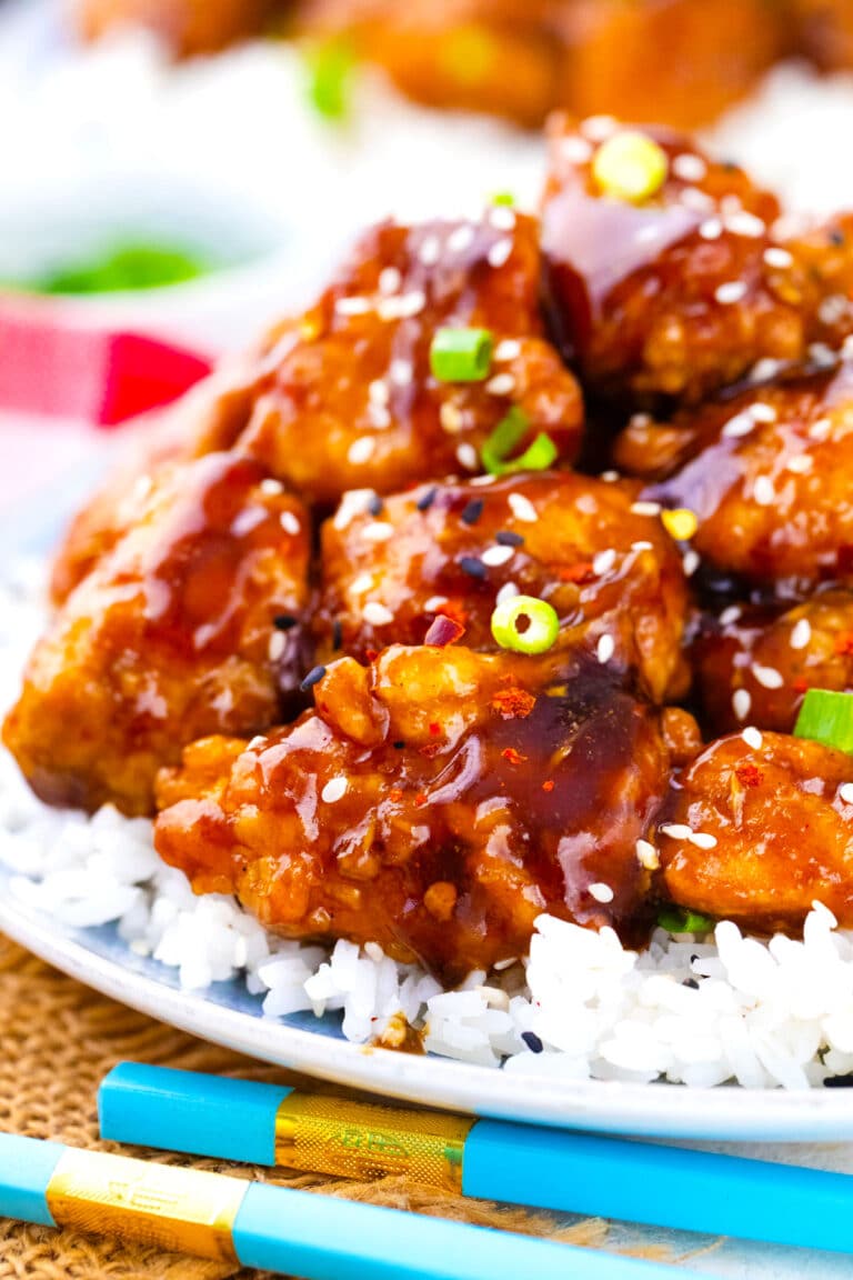 Crispy General Tso's chicken over rice.