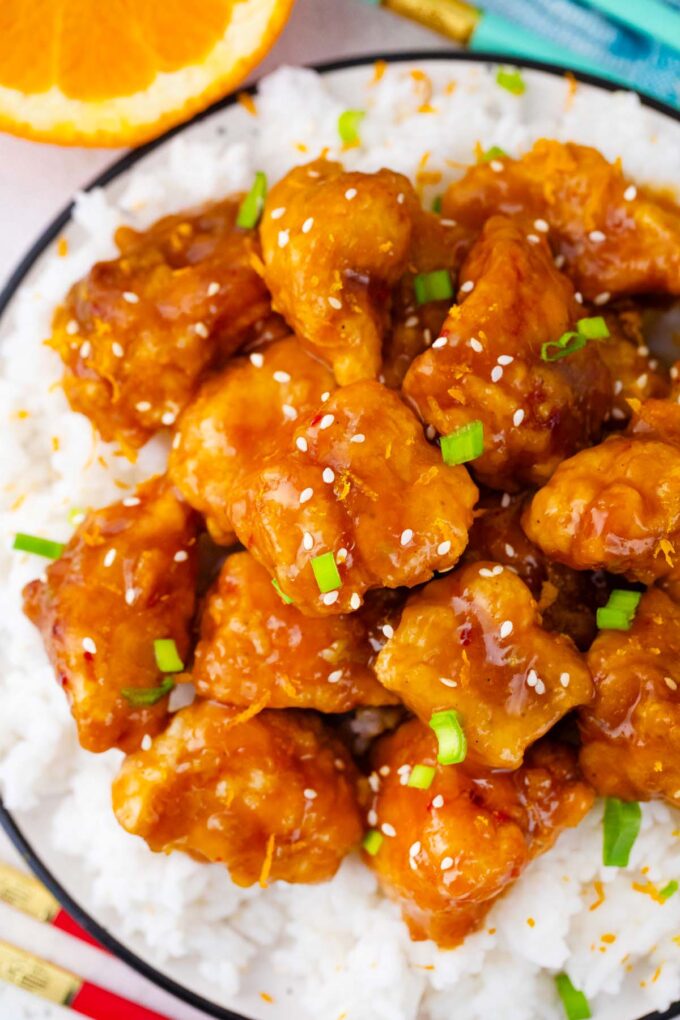Overhead shot of crispy Asian orange chicken.