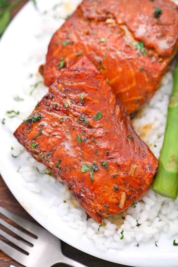 maple syrup salmon served with rice