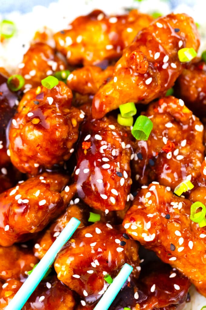 Close shot of crispy General Tso's chicken pieces.