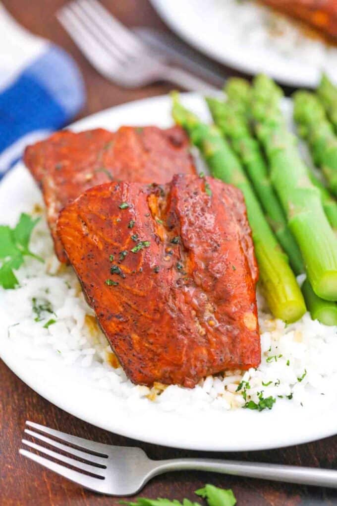 maple syrup salmon served with rice and asparagus