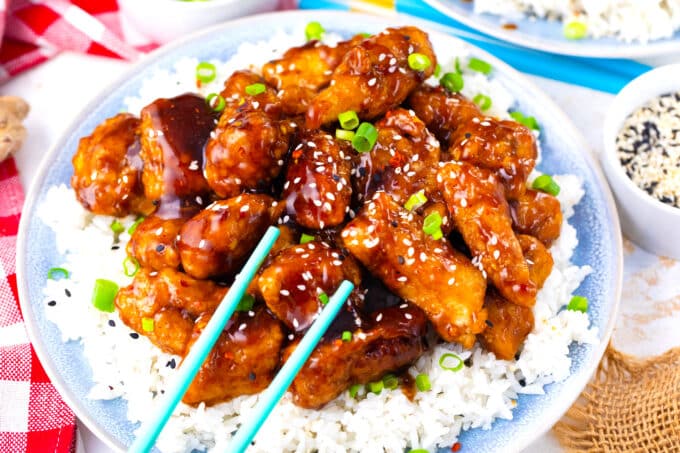 Homemade, crispy General Tso's chicken over rice.