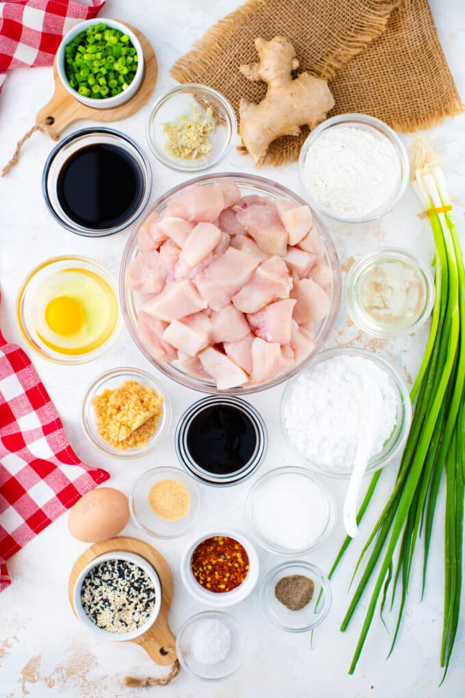 Overhead shot of ingredients for crispy General Tso's chicken recipe.