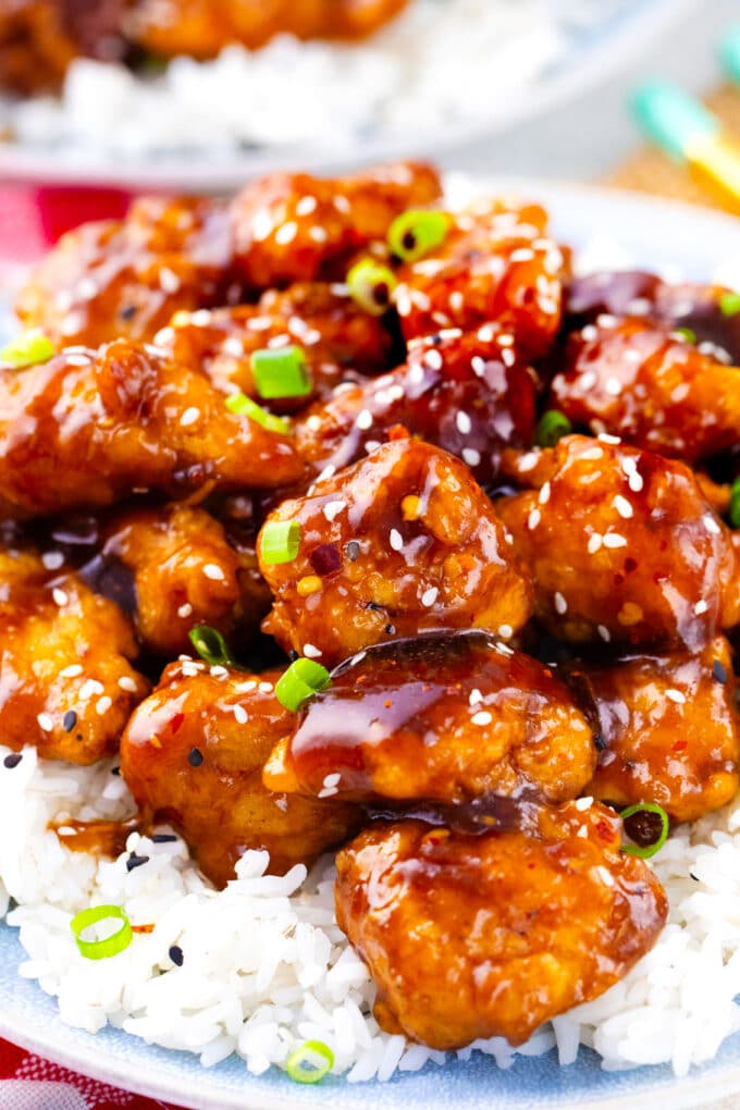 Crispy and sticky General Tso's chicken over rice.