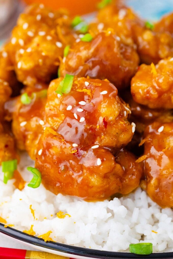 Close shot of homemade crispy orange chicken.