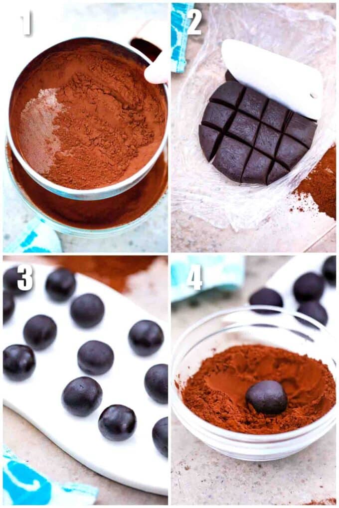 photo collage of steps how to make 2 ingredient chocolate truffles