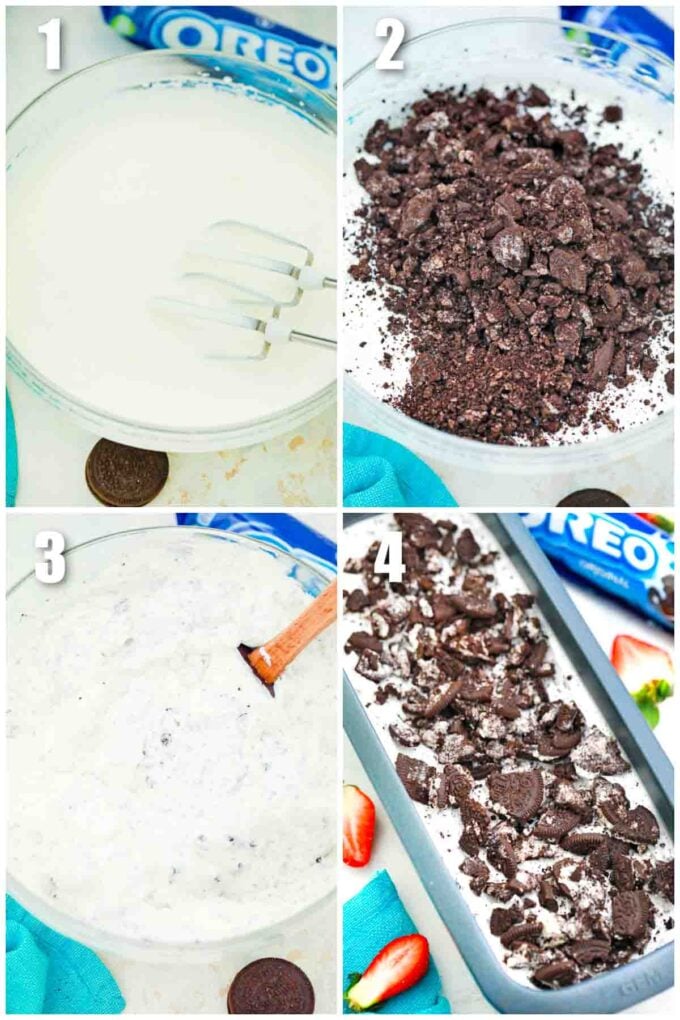 photo collage of steps how to make 3 ingredient oreo ice cream