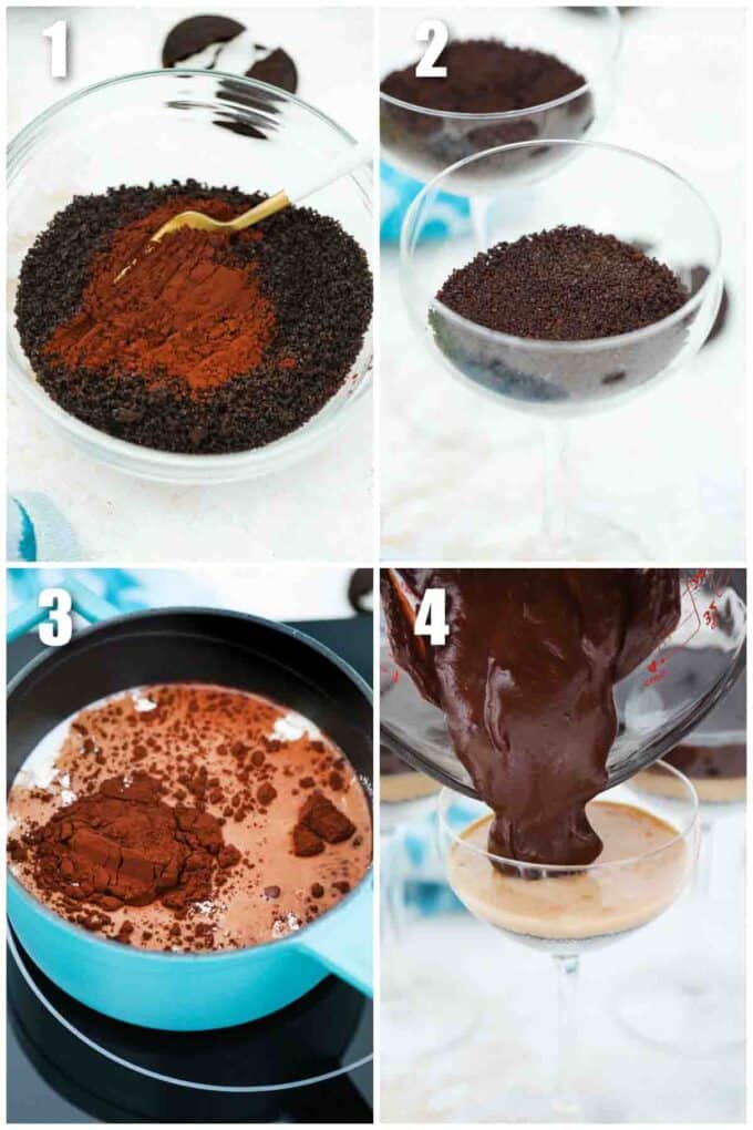 photo collage of steps how to make 5 minute chocolate oreo pudding