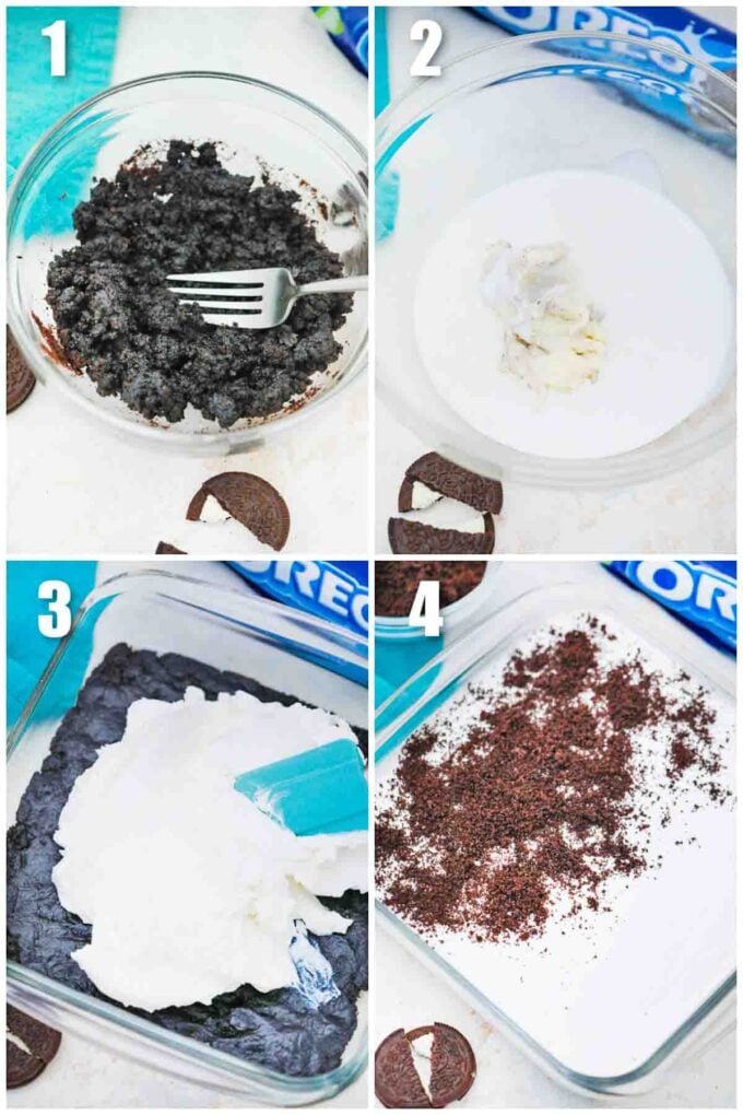 photo collage of steps how to make 5 minute oreo dessert
