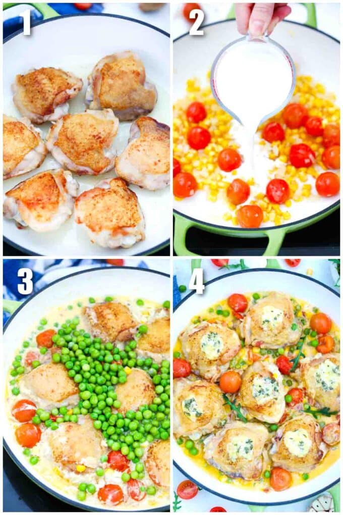 photo collage of steps how to make creamy corn chicken