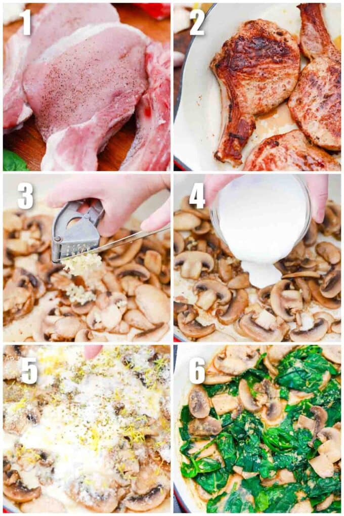 photo collage of steps how to make creamy garlic pork chops