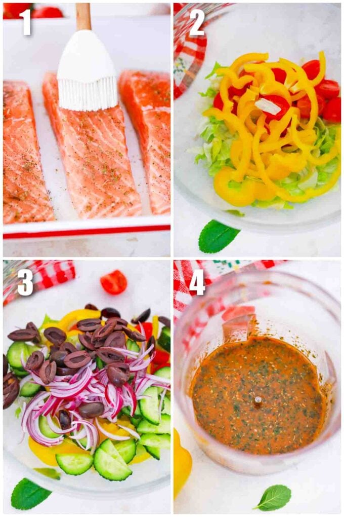 photo collage of steps how to make greek salmon salad