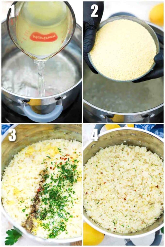 photo collage of steps how to make lemon couscous