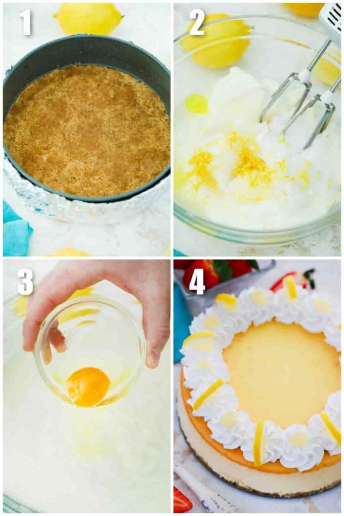 photo collage of steps how to make lemon ricotta cheesecake