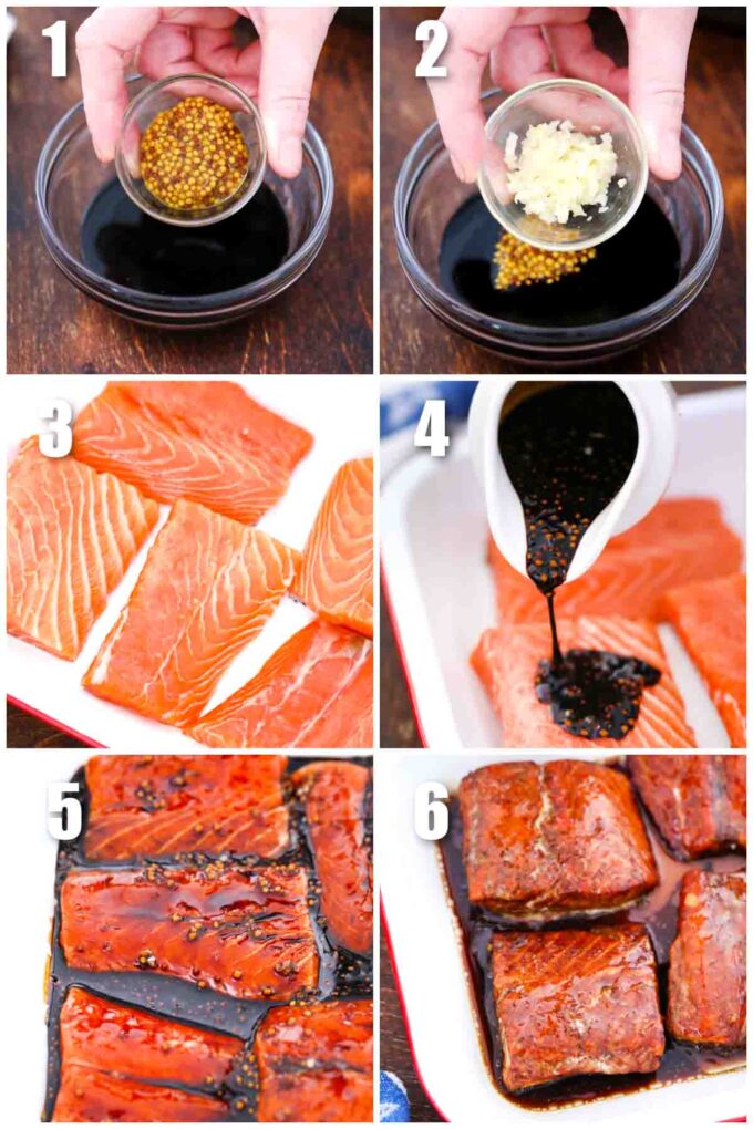 photo collage of steps how to make maple syrup salmon recipe