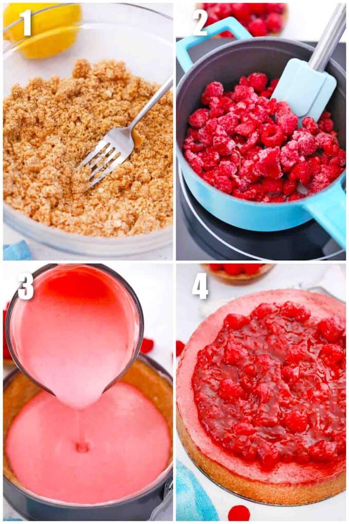 photo collage of steps how to make how to make raspberry cheesecake recipe