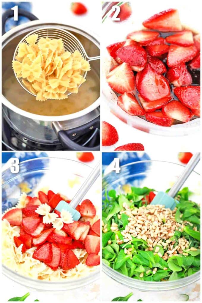photo collage of steps how to make strawberry balsamic pasta salad