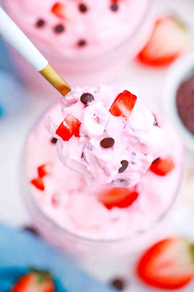 a spoonful of no bake strawberry delight