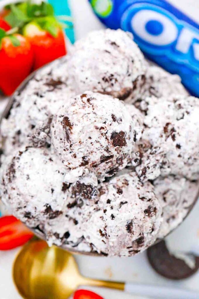 overhead shot of no churn 3 ingredient oreo ice cream with Oreos in the background