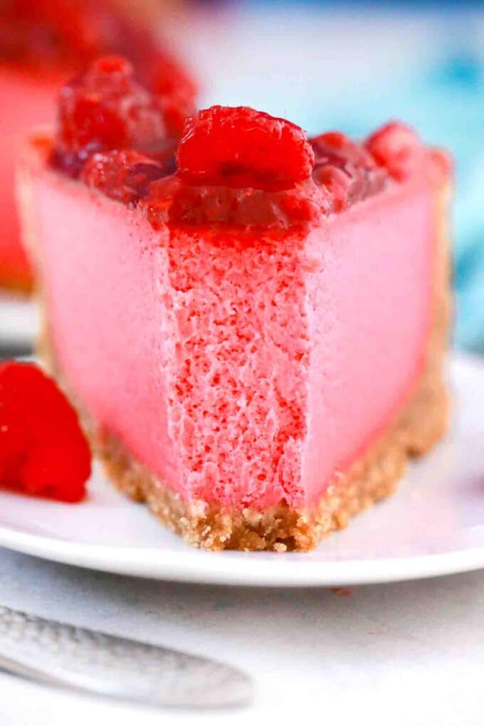 close shot of baked raspberry cheesecake